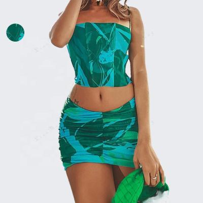 China AS810 QUICK DRY 2022 QUICK DRY European and American summer skirt fashion print suit sexy pleated color contrast camisole female two-piece outfits for sale