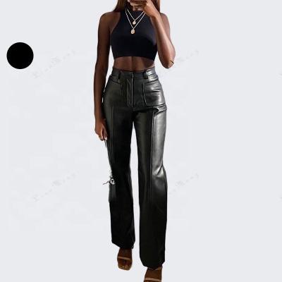 China Autumn Women QUICK DRY Wide Leg Pants 20 Pockets Solid Color PU Pockets PU Leather Pants Fashion New Women's Winter European American QUICK DRY AE892 for sale