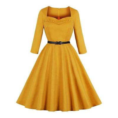 China B001 Hepburn Solid Color Square Neck Hot Sale Women's Vintage Dress Customized Breathable Breathable Mini Dress Summer Dress Wholesale for sale