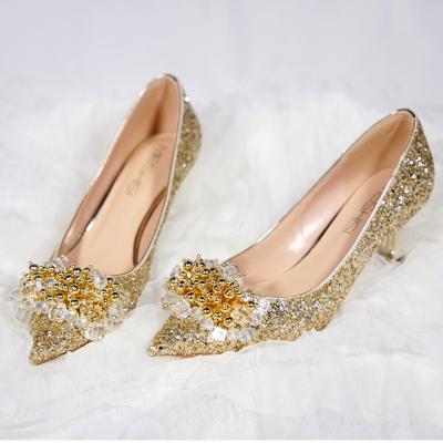 China Goxeou Lightweight Women Bridal High Heels Pumps Ladies Wedding Shoes Crystal Brooch Glitter Shiny Bling Party Ball 32-46 Elegant Girl's Shoes for sale