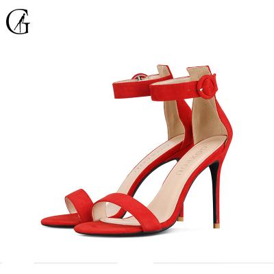 China CUSHIONING Goxeou Fashion Party Wedding Banquet Luxury Ball Gown Women Sandals High Heels Suede Flock Ankle Strap Hot Thin Fancy Shoe 10cm for sale