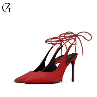 China Goxeou Ankle Wrap Women's Lace-up Suede Open Heel Shoes Lightweight High Heels Sandals Pointed Toe Soft Part Shoes Fashion Elegant Classic for sale