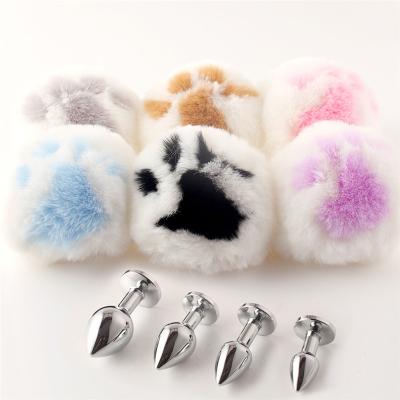 China Adult Sex Toys NingHao Anal Soft Rabbit Fur Butt Plug Set 4 Pcs Adult Sex Product Animal Tail Enhance Ass Metal Butt Plug Fur Anal Ball For SM Game for sale