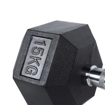 China 15kg Dumbbell Rubber Covered Hex Dumbbells Set Free Weight Cast Hex Black Rubber Coated Dumbbell for sale