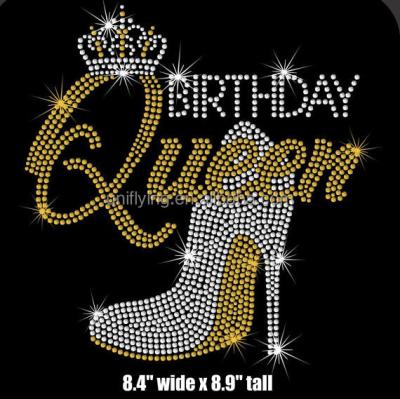 China Flatback Bling Birthday Queen Crystal High Heel Shoes Rhinestone Transfer Hot Fix Pattern Design T-shirt Custom for sale