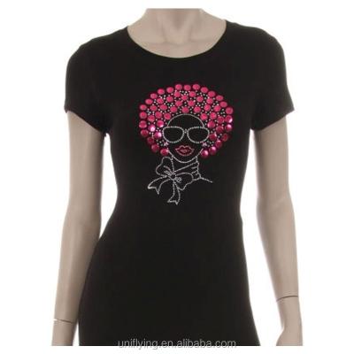 China Anti-pilling Nailhead Afro Girl Custom Rhinestone Cotton T-shirt Shinning Rhinestone Tee for sale