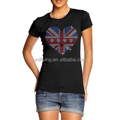 China 100% Cotton Women's Anti-Pilling Union Jack Heart Rhinestone Diamante T-SHIRT for sale