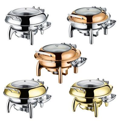 China Hotel/Restaurant Buffet Banquets Round Chafing Dish Rose Gold Golden Stainless Steel Oval Full Size Silver Scarab Set Buffet Food Warmer Hotel Sets for sale