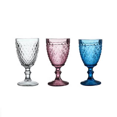 China Sublimation Wine Glass Tool Gift Goblet Set LUXURY Purple Green Wedding Party Colored Glass Goblets 10Ounce Embossed Design Glassware for sale