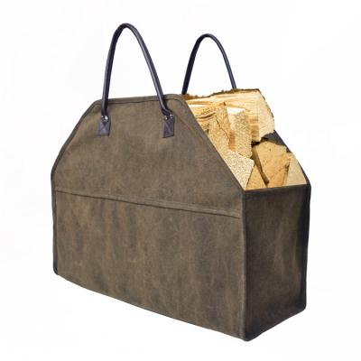 China Heavy Duty Oilcloth Canvas Holding Portable Firewood Carrier Tote Bag With Comfortable Leatherette Handles for sale