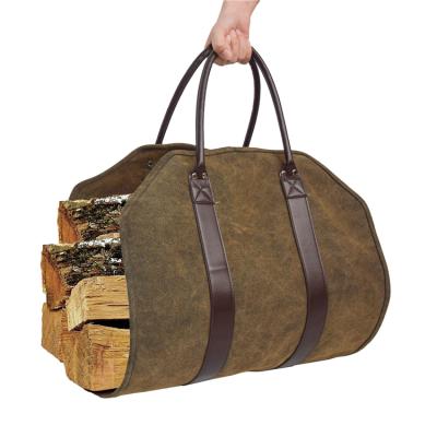 China Multifunctional Canvas Mud Color Waxed Canvas Fabric Log Tearproof Carrier Tote Bag With PU Leather Handles for sale