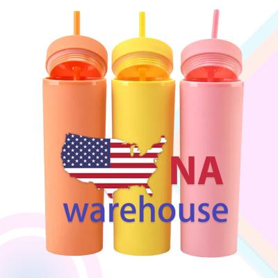 China Sustainable USA Warehouse Mixed Color 16oz Double Wall Reusable Plastic Cup Round Plastic Water Bottles With Straw And Lids for sale