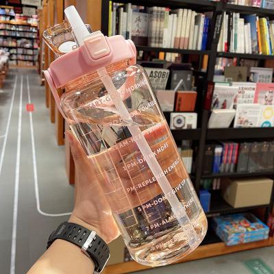 China 2000ml Sustainable Sports Colorful Gradient Bottle Include Cute Cartoon Sticker Large Capacity Straining Plastic Gym Water Bottle for sale