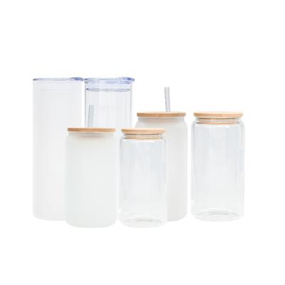 China Hot Sustainable Amazon in 12oz 16oz 25oz Clear DIY Sublimation Frosted Glass Jar Tumblers Stock White With Bamboo Lid And Straw for sale