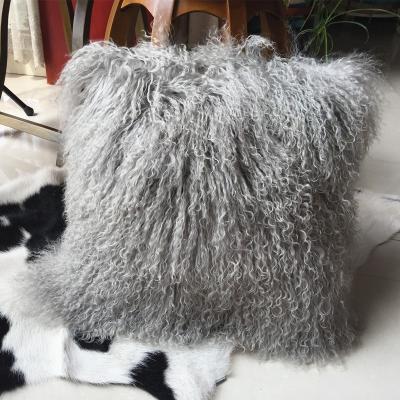 China Eco-Friendly Gray Mongolian Lamb Fur Pillow for sale