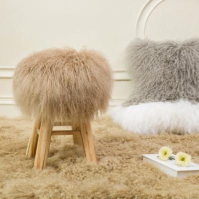 China Factory Wholesale Eco-friendly Yellow Color Tibetan Mongolian Sheepskin Fur Stool Pouf Covers for sale