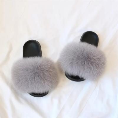 China Factory Wholesale Gray Fox Fur Women Comfortable Real Slippers Soft Fox Fur Slides for sale