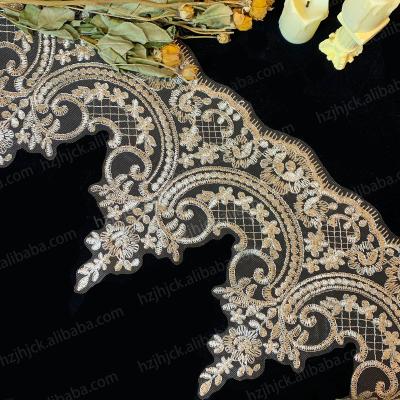 China IN-STOCK factory wholesale price gold viable custom polyester embroidery lace trim for clothing textile home curtain for sale