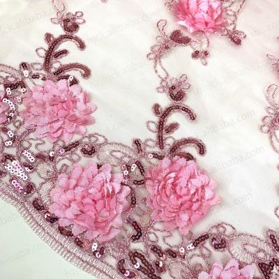 China Viable Chantilly African Fabric Makers 3D Polyester Flower Sequins Pink Bridal Gown Making Lace Up Fabric Trimming Lace For Women Dress for sale