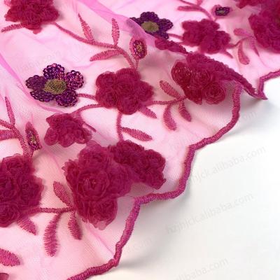 China 2021 custom polyester pink 3d flower african sequins bridal dress lace trim viable with sequins for wedding bridal dress for sale