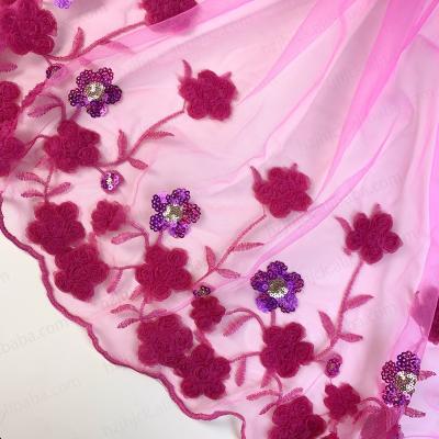 China Viable factory wholesale polyester french pink 3d flower bridal dress lace trim fabric with sequins for women dress for sale