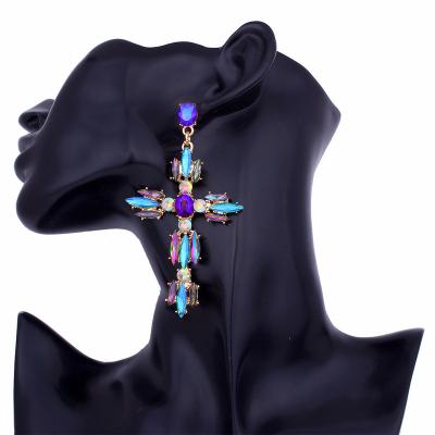 China Stored Fashion Alloy Diamond Creative Ear Drop Cross Shape Exaggerated Brilliant Stud Earrings Women for sale