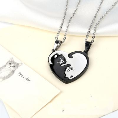 China Heart Shaped Black and White Kitten Couples Clavicle Chain Stitch Pendant Necklace High Quality Titanium Nickel Free Lead Free Steel for sale