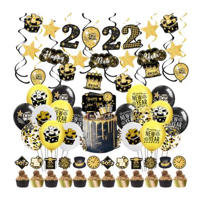 China Gift Toy Black Gold New Year Party Set Banner Spiral Balloon Happy New Year Decoration Balloon 2022 for sale