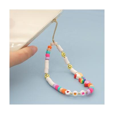 China Pearl Fashion Charm Phone Acrylic Lanyard Wrist Strap Heart Clay Phone With Anti Lost Women Phone Chain Key Chain for sale