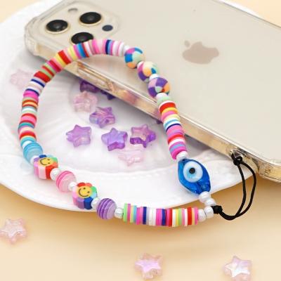 China Pearl Fashion Charm Phone Acrylic Lanyard Wrist Strap Heart Clay Phone With Anti Lost Women Phone Chain Key Chain for sale