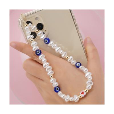 China Charm Beaded Fashion Phone Acrylic Lanyard Wrist Strap Heart Clay Phone With Anti Lost Women Phone Chain Key Chain for sale