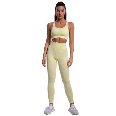 China Three-dimensional women's seamless weaving yoga camouflage yoga tight pants body wear breathable fitness bra two sets for sale