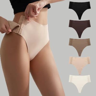 China Antibacterial Side Type Women Seamless Buckle Panties Ice Silk Comfortable Mid Waist Ladies G-String Adjustable Sexy Underwear Thong for sale