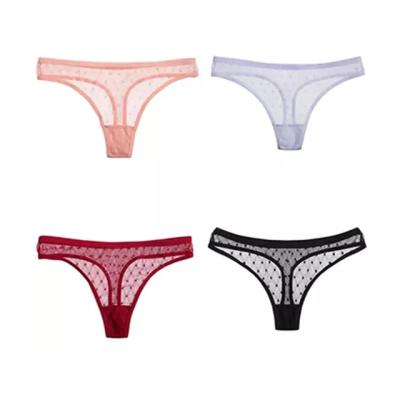 China Antibacterial Fashionable Women's Panties Low Transparent Net Waist Thong Hollow Out To Lace Up G-String Panties For Women for sale