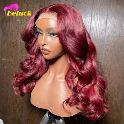 China Wholesale 99j Burgundy Body Wave Lace Front Wig Bone Straight Human Hair Wig For Women Pre Plucked Colorful Hd Transparent Lace Frontal Wig for sale