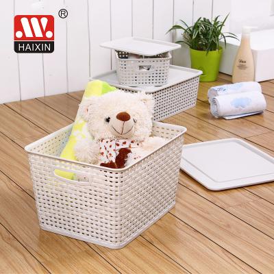 China Haixin 5L/10L/17L Gift Rattan Wicker Sundries Organizer Plastic Storage Basket With Lid for sale