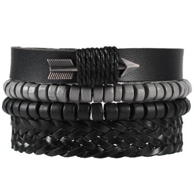 China Amazon Hotsale CLASSIC Men's Jewelry Arrow PU Leather Bracelet Black Leather Bracelets DIY Multi Layers for sale