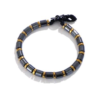 China Natural Stone Lucky Wrap Handmade Beaded CLASSIC Hematite Crystal Black Gemstone Men's Charm Bangle Bracelet Set Jewelry for sale