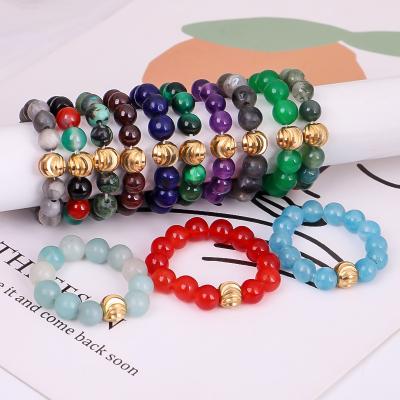 China FASHIONABLE Women Colorful Natural Stone Beaded Rings 4MM Stretch Mix Gemstone Rings for sale