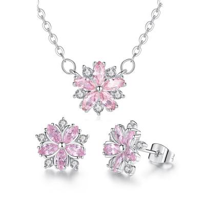 China Amazon Best Selling TRENDY Pink Diamond Flower Jewelry Set Micro Pave Necklace Crystal Rhinestone Stud Earrings CZ Flower Set for sale