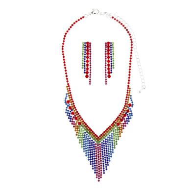 China High Quality Europe and American Silver Plated Multicolor Rhinestone Tassel Rhinestone Chain Necklace Earrings Set Women Accessories Jewelry Sets for sale