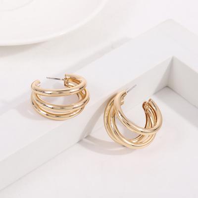 China CLASSIC European and American Exaggerated Gold Plated Triple Layers C Shaped Circle Earrings for sale