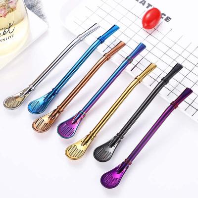 China Viable Argentinian Mate Tea Straw Spoon Rose Reusable Gold 304 Stainless Steel Straw Spoon Whiskey Silver Filter Straw Spoon for sale