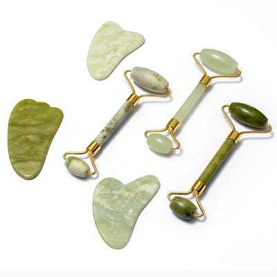 China Anti Aging Jade Facial Natural Stone Green Stone Roller Massage Skin Care Tools Face Lift Beauty Scraping Set for sale