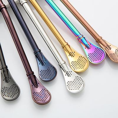 China Yerba Mate Coffee Tea Set Straw Reusable 304 Stainless Steel Flitter Spoon Eco-Friendly Portable Straw for sale