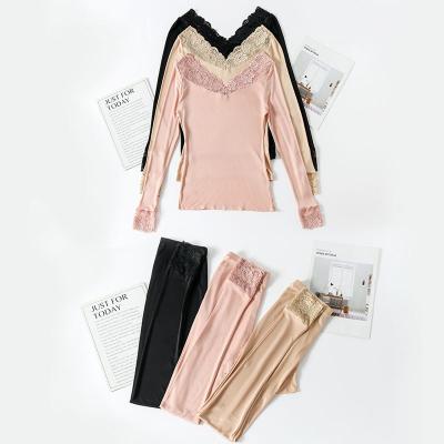 China Sexy Base Layers QUICK DRY Lace V-Neck Long Johns Sets For Women Winter Warm Breathable Women Thermal Underwear Tops And Bottoms for sale