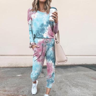 China Custom Ladies QUICK DRY Loungewear Set Tie Dye Tied Bow Print Tied T-Shirt And Pants Wholesale Women Loose Causal Outfits for sale