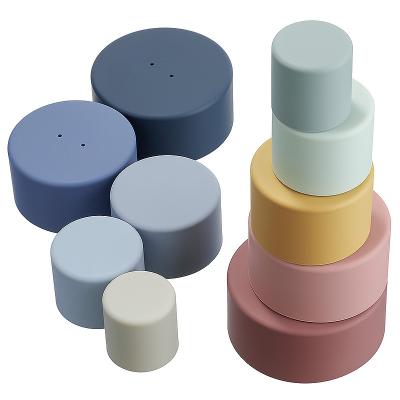 China Building Toy OEM Big Round Shape Stacking Cups ECO Organic Silicone Blocks Toy Baby Set Bpa Free Teething Teether for sale