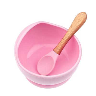 China Bpa Free Hot Eco Friendly Non-Toxic Food Feeding Baby Tableware Silicone Silicone Strong Suction Bowl Spoon Set for sale