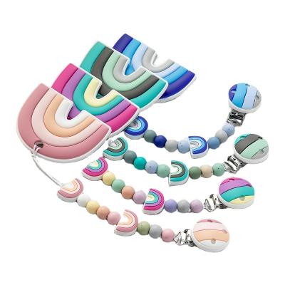 China Natural Eco-friendly Type Teething Beads Silicone Baby Pacifier Chain Silicone Holder Wholesales Rainbow Colored Clip for sale